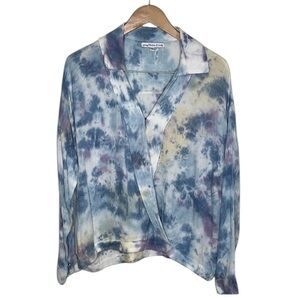 Young Fabulous & Broke Blue Yellow Tie Dye V-Neck Blouse Women Size M